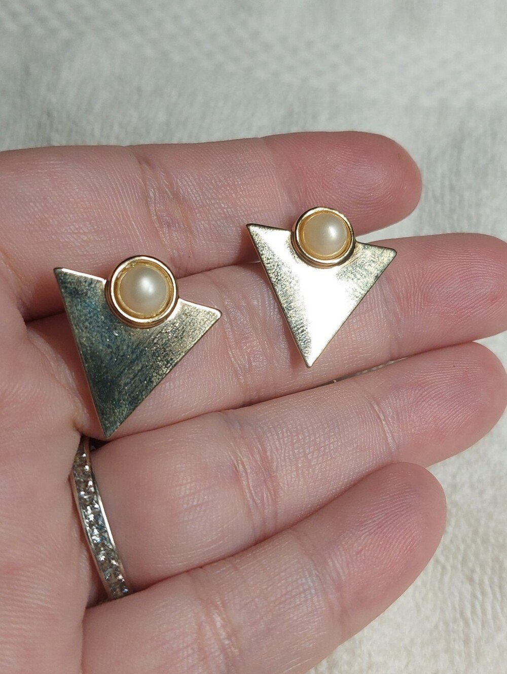 Goldtone Triangle Pearl Accent Stud Earrings